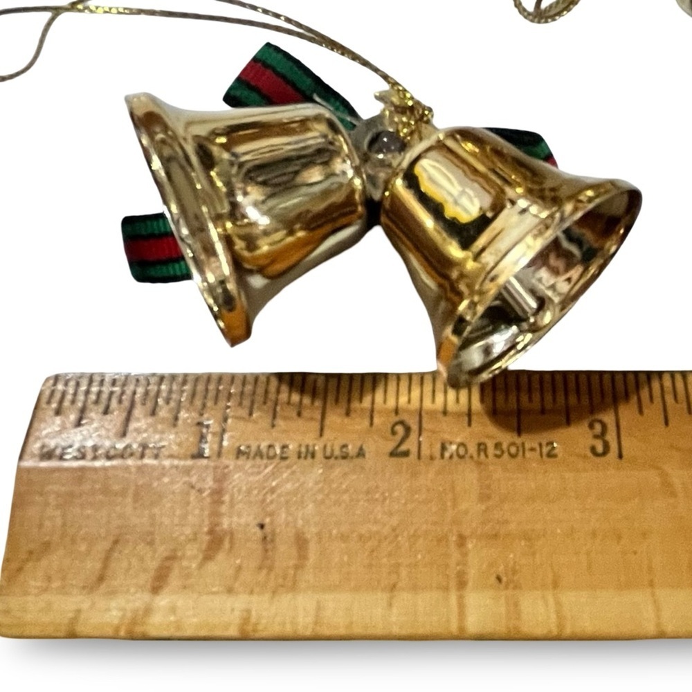 Festive Gold Tone Red and Green Plaid Bow Jingle Bell Ornaments Set of 12 - Picture 2 of 2